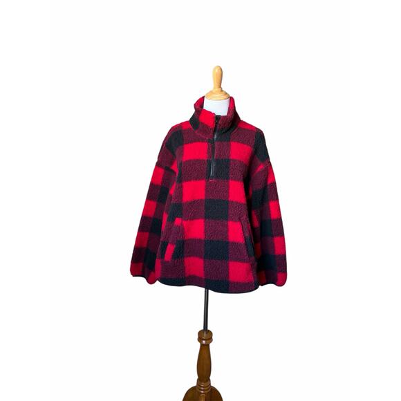 Old Navy Womens Black & Red Buffalo Plaid Fleece Half-Zip Pullover Sweater- Sz L - Picture 3 of 5